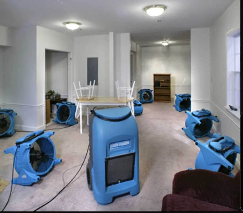 Air movers and dehumidifier setup for Water Damage Restoration in Westborough